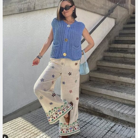 Zara Embroidered culottes white multicolor floral S M L XL NWT - Picture 1 of 14